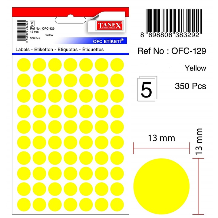 Самозалепващи се кръгли етикети, Tanex, жълти, 13 мм, 350 бр./комплект