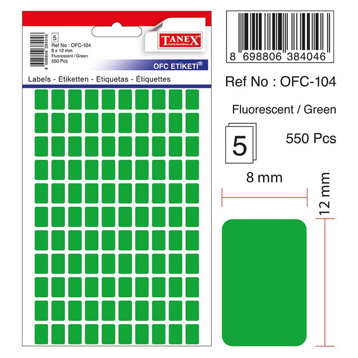 Etichete Autoadezive Color, 8 X 12 Mm, 550 Buc/set, Tanex - Verde Fluorescent