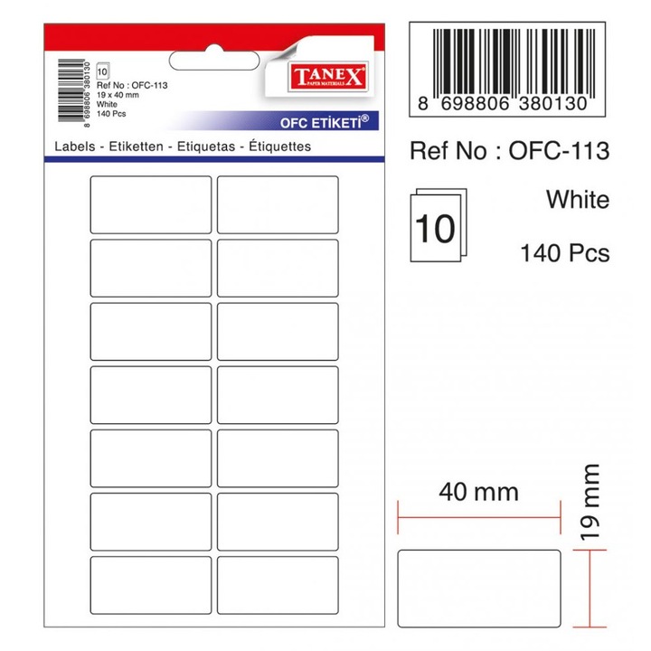 Öntapadós címkék, 19x40mm, 140 db-os készlet, fehér