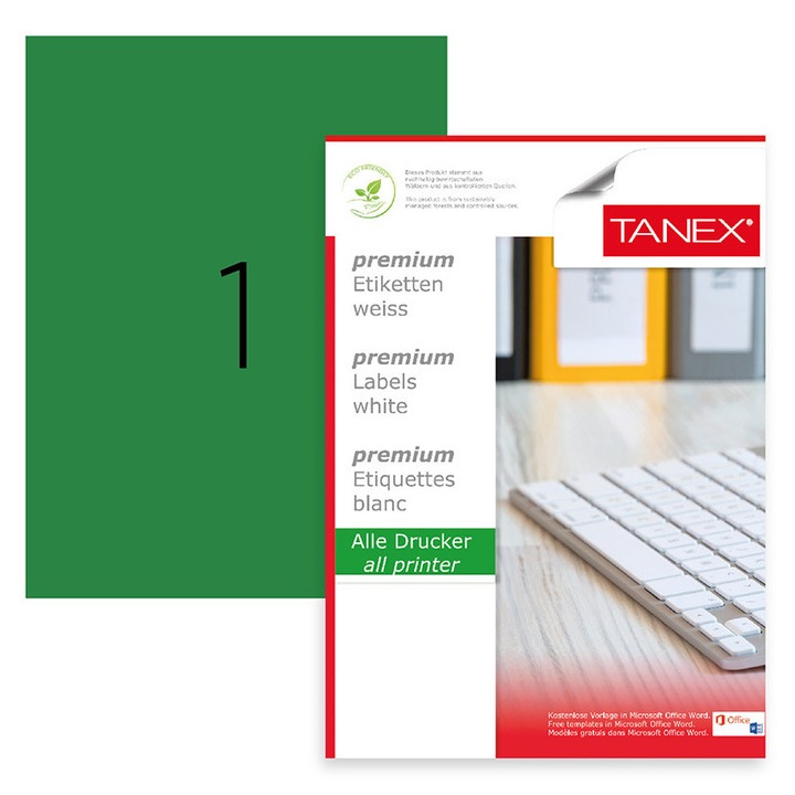 Etichete Color Autoadezive, 1/a4, 210 X 297mm, 25 Coli/top, Tanex - Verde Fluorescent