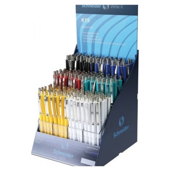 Химикалки Schneider K15, асорти цветове, 216 химикалки, синьо мастило