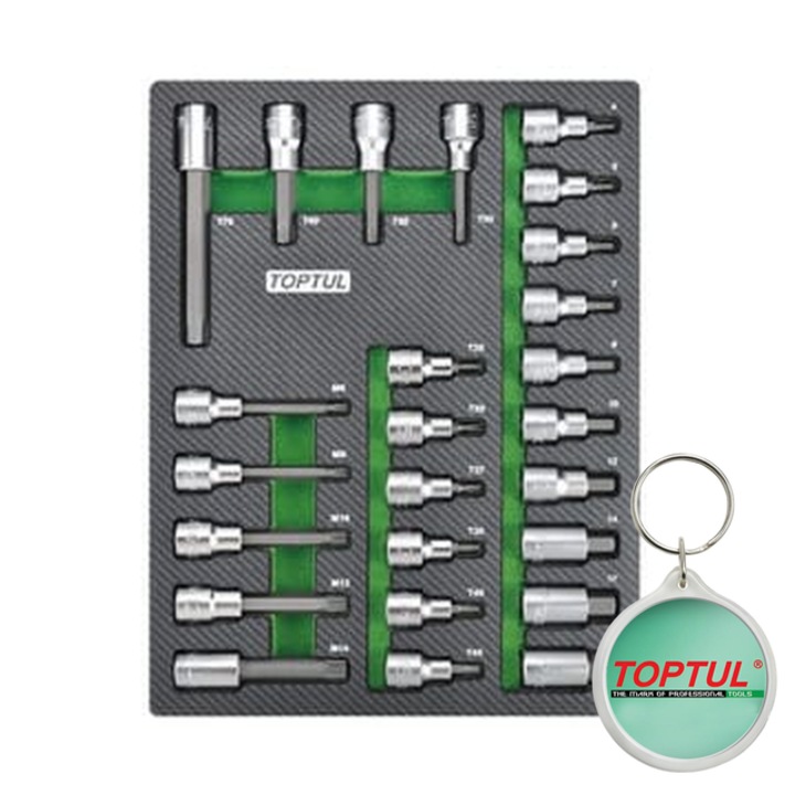 Raft carucior, dimensiune tubulara 1/2", tip insert B1/ spuma (SFS), numar piese 25 szt., tip cheie socluri de biti hex / socluri pentru biti torx / tubulare, Toptul, 1x Breloc