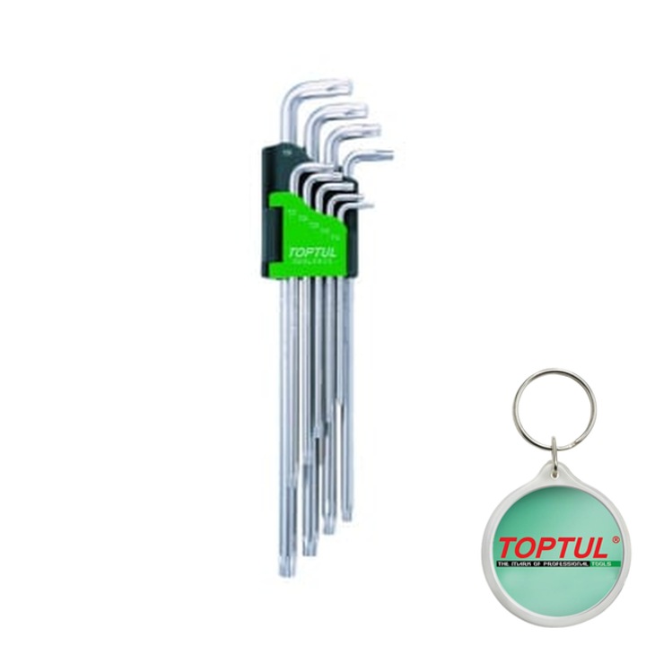 Set de chei cheie 9 buc, profil TORX, dimensiune cheie E-TORX T10, T15, T20, T25, T27, T30, T40, T45, T50, Toptul, 1x Breloc