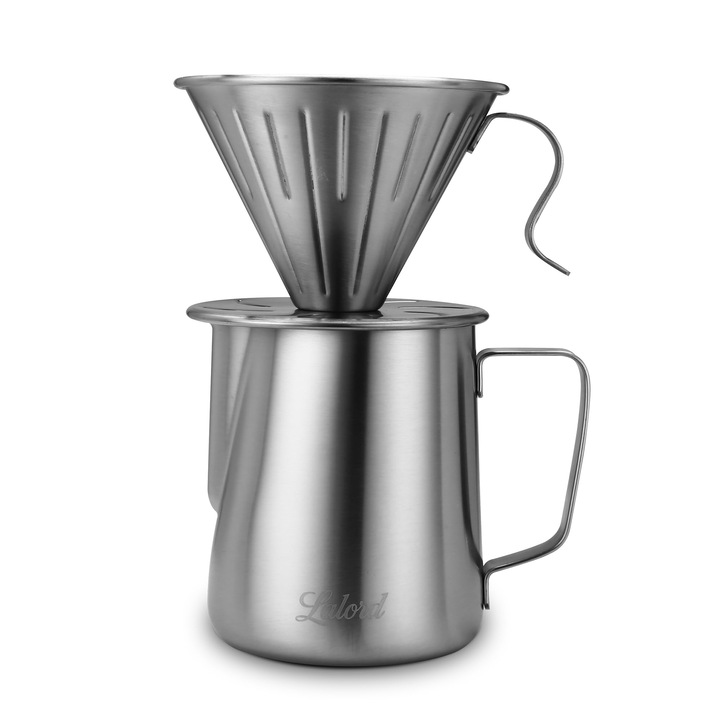 Set cafetieră Lalord, oțel inoxidabil 304, 100 filtre hârtie #2, carafă 600 ml