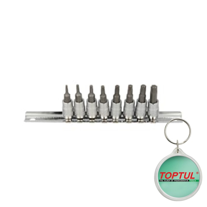 Set tubulare 1/4" (omogen), 8 buc, profil TORX, dimensiune cheie E-TORX T10, T15, T20, T25, T27, T30, T40, T8, Toptul, 1x Breloc
