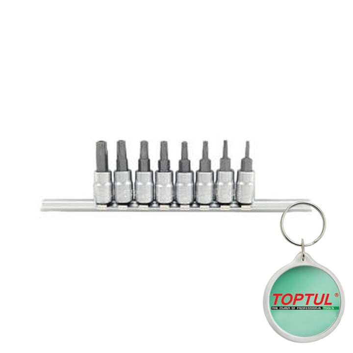 Set tubulare 1/4" (omogen), 8 buc, profil TORX Tamper, dimensiune cheie E-TORX T10H, T15H, T20H, T25H, T27H, T30H, T40H, T8H, Toptul, 1x Breloc