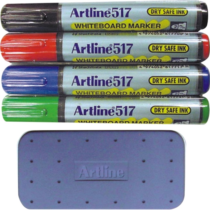 Комплект маркери за бяла дъска + магнитна гъба, Artline 517 - Dry Safe Ink, кръгъл връх 2.0 мм, 4 цвята/комплект