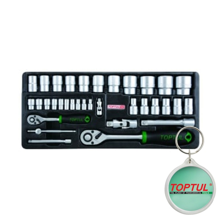 Raft carucior, dimensiune tubulara 1/2/ 1/4", tip insert B3/ plastic, numar piese 34 szt., tip cheie articulatie universala / bara de extensie / clichet (s), Toptul, 1x Breloc