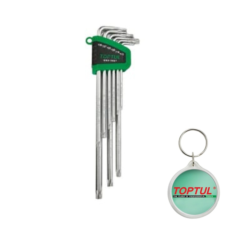 Set de chei cheie 9 buc, profil TORX Tamper, dimensiune cheie E-TORX T10H - T50H, Toptul, 1x Breloc