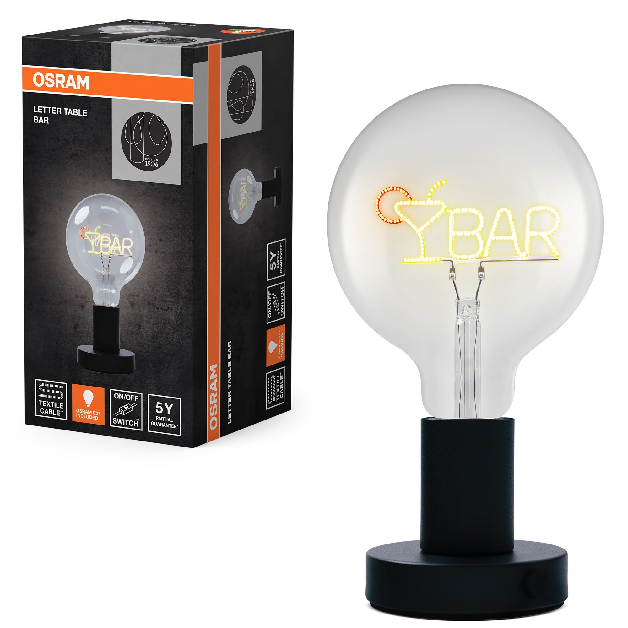 Lampa de masa decorativa OSRAM Bar, 1.2W, E27, 25W (max. 18W LED), 100 lm, 3000K, IP20, bec OSRAM E27 inclus