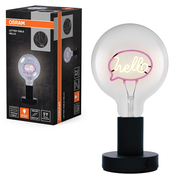 Lampa de masa decorativa OSRAM Hello, 1.2W, E27, 25W (max. 18W LED), 60 lm, 2100K, IP20, bec OSRAM E27 inclus