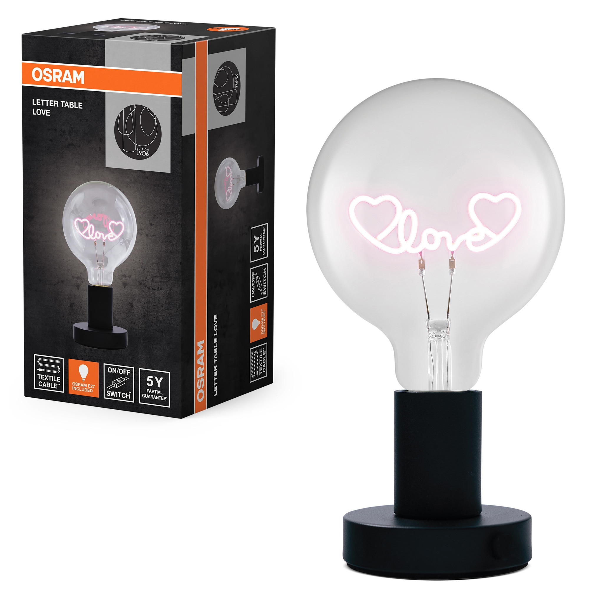 Lampa de masa decorativa OSRAM Love, 1.2W, E27, 25W (max. 18W LED), 40 lm, 1200K, IP20, bec OSRAM E27 inclus