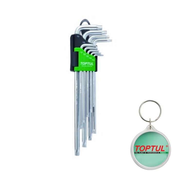 Set de chei cheie 9 buc, profil TORX, dimensiune cheie E-TORX T10, T15, T20, T25, T27, T30, T40, T45, T50, T55, T6, T7, T8, T9, Toptul, 1x Breloc