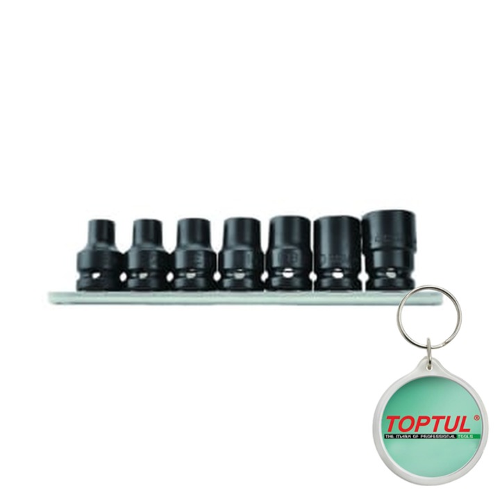 Set tubulare 1/2" (omogen), 7 buc, profil e-torx, dimensiune cheie E-TORX E10, E12, E14, E16, E18, E20, E24, pentru desurubare - strangere, Toptul, 1x Breloc