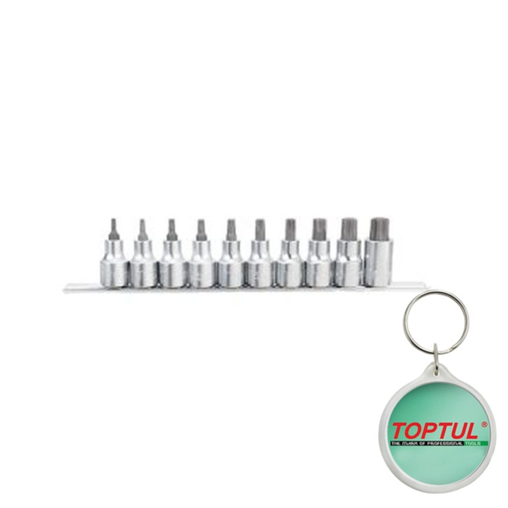 Set tubulare 1/2" (omogen), 10 buc, profil TORX, dimensiune cheie E-TORX T20, T25, T27, T30, T40, T45, T50, T55, T60, T70, Toptul, 1x Breloc