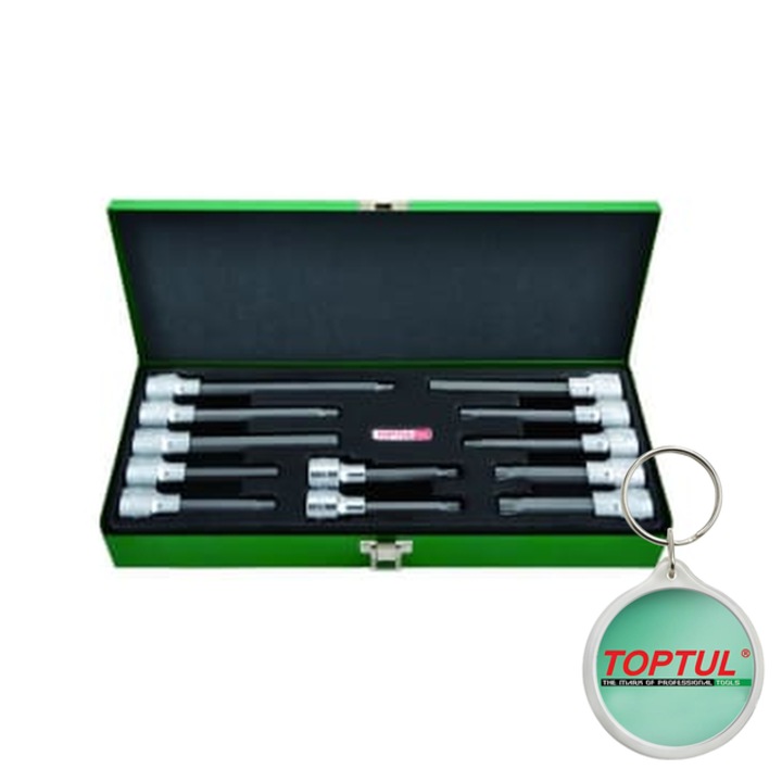 Set tubulare 1/2" (omogen), 12 buc, profil HEX / SPLINE / XZN / TORX Tamper, dimensiune HEX 5/ 6/ 7/ 8/ 10, dimensiune cheie E-TORX T40H, T45H, T55H, spline / XZN M10, M12, M6, M8, Toptul, 1x Breloc