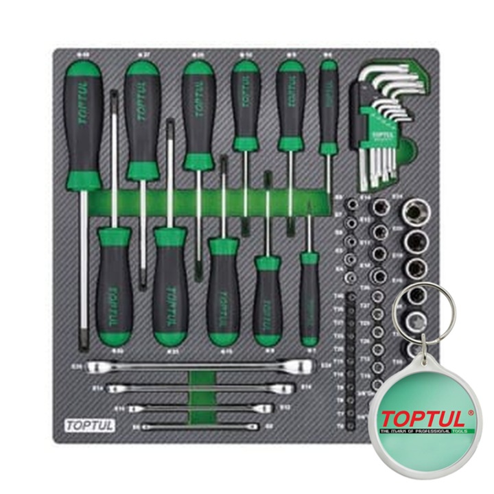 Raft carucior, dimensiune tubulara 1/2/ 1/4/ 3/8", tip insert C2/ spuma (SFS), numar piese 61 szt., tip Cheie (chei) torx / cheie cu inel dublu, Toptul, 1x Breloc