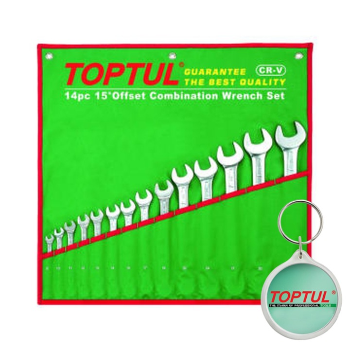 Set de chei combinate, numar piese 14 buc, cheie combinata, 8/10/11/12/13/14/15/17/19/22/24/27/30/32 mm, Toptul, 1x Breloc