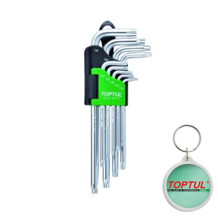 Set de chei cheie 9 buc, profil TORX Tamper, dimensiune cheie E-TORX T10H - T50H, Toptul, 1x Breloc