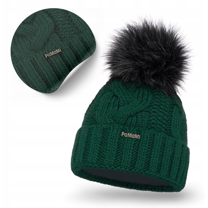 Дамска зимна шапка, pamami, зелена, подплатена с полар, с помпон от еко кожа, с навита яка, с плетена шарка, материал: 85% акрил, 15% полиамид, височина: 23 см, ширина: 24 см, обиколка на главата: 55-58 см, поларена подплата
