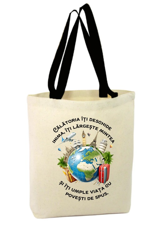 Vászon bevásárlótáska cipzárral, fekete fogantyúval, földgömb utazás