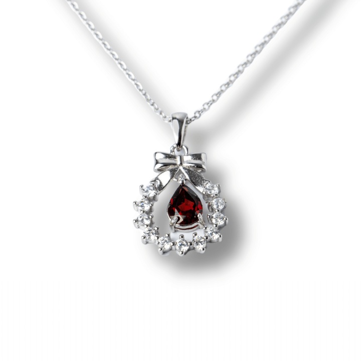 Colier Argint 925 cu Granat Natural si Zirconiu - Pandantiv Ghirlanda cu Fundita, Simbol al Energiei si Protectiei