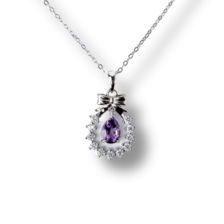 Colier Argint 925 cu Ametist Natural si Zirconiu - Pandantiv Ghirlanda cu Fundita, Simbol al Linistii Interioare si Protectiei Energetice