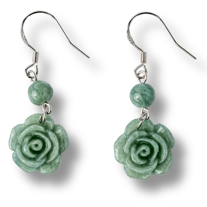 Cercei Argint 925 cu Jad Natural Rus Ural - Model Trandafir pentru Echilibru si Prosperitate