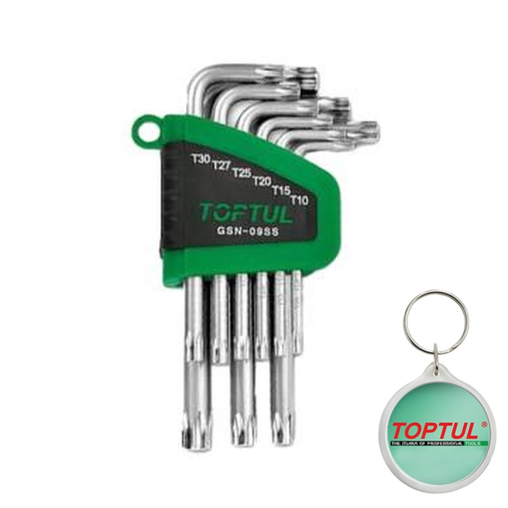 Set de chei cheie 9 buc, profil TORX, dimensiune cheie E-TORX T10, T15, T20, T25, T27, T30, T40, T45, T50, Toptul, 1x Breloc
