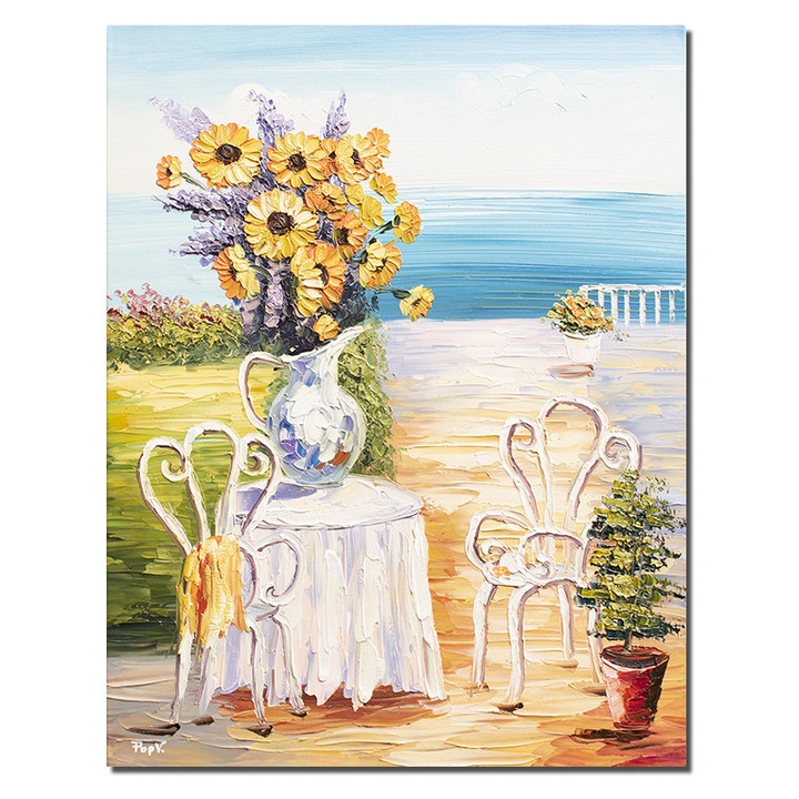 Tablou floarea soarelui pictat manual, O zi minunata la malul marii, 80x60cm ulei in cutit efect 3D, Valentin Pop