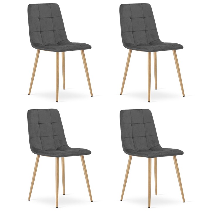 Set 4 scaune bucatarie/living, Artool, Kara, catifea gri, picioare metal natur, 44.5x50.5x87 cm