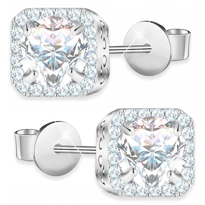 Cercei, Larezo, Patrat Cu Zirconii Patrati De Cristal, Argint 925, Fara Pietre, Pentru Femei, Cutie Pentru Bijuterii Premium, Argintiu