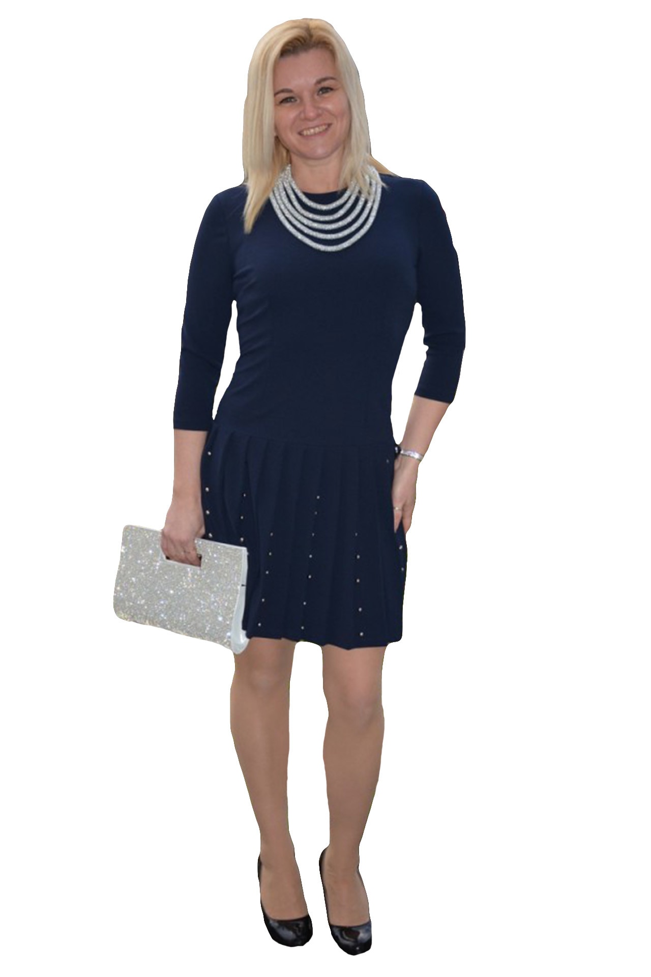 Rochie fashion cu pliseuri mari si perle in partea de jos,D&J Exclusive, Albastru marin