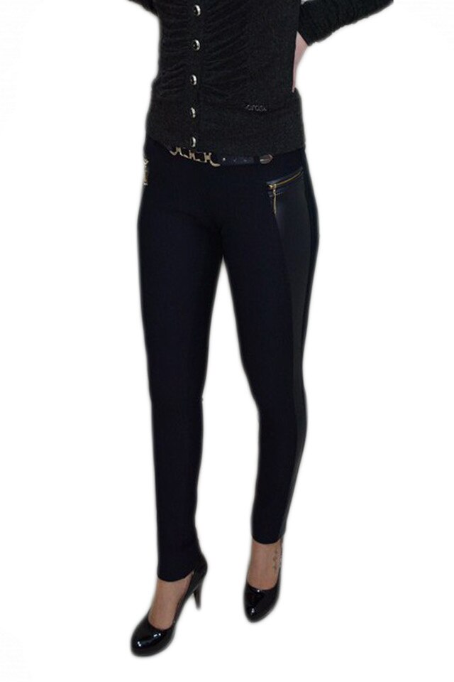 Pantaloni moderni, insertie de piele lateral , D&J Exclusive, Albastru marin