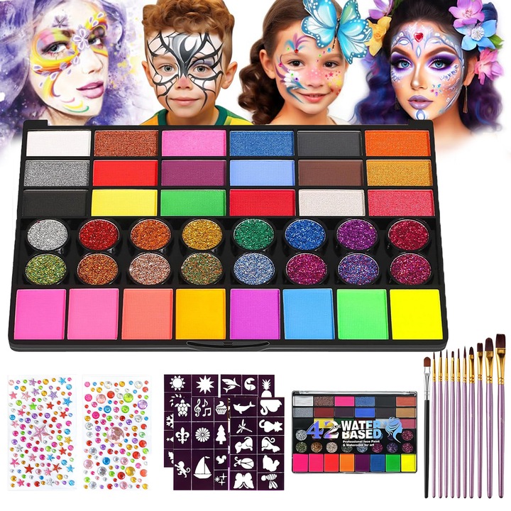 Set profesional, pictura pe fata si corp, copii si adulti, 42 culori, 11 pensule, 4 sabloane, 2 sticker, vopsea pe baza de apa, non-toxic, Lavabil, 3 ani +
