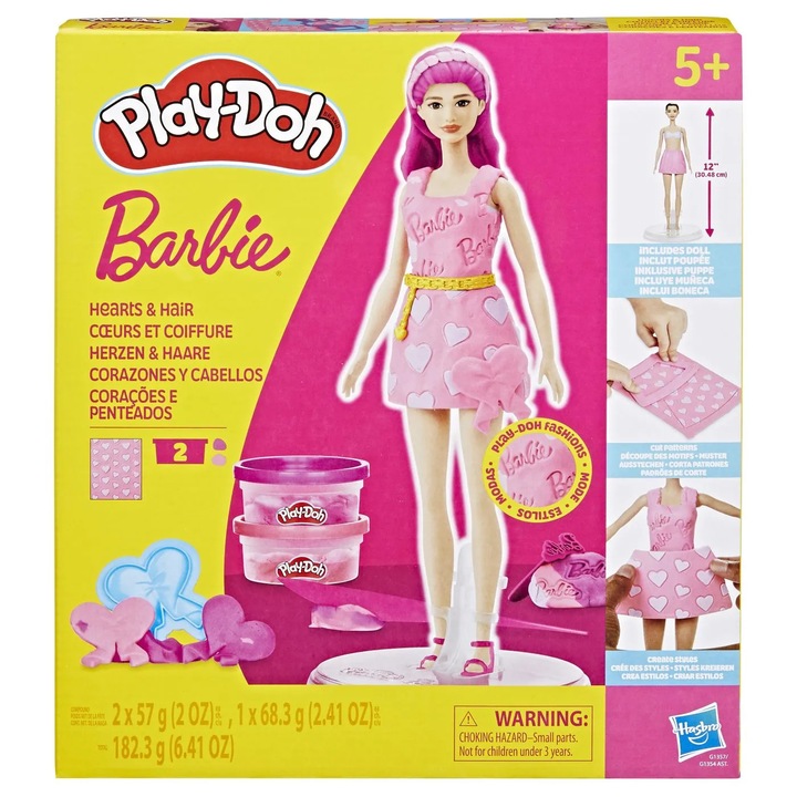 Творчески комплект Play-Doh Barbie Сърца и коса, 2 кутии моделираща паста, за момичета, 5 години