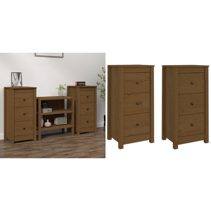 Servanta, 2 buc., maro miere, 40x35x80 cm, lemn masiv de pin