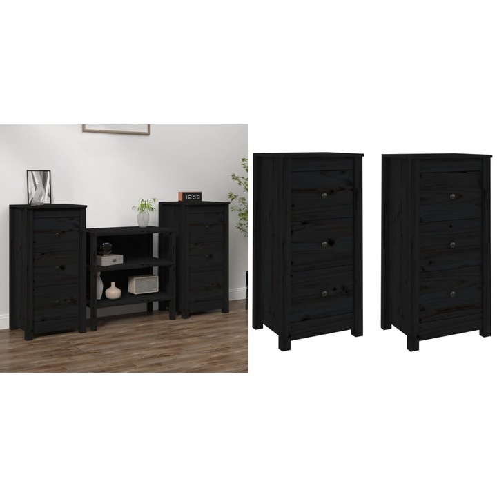 Servante, 2 buc., negru, 40x35x80 cm, lemn masiv de pin