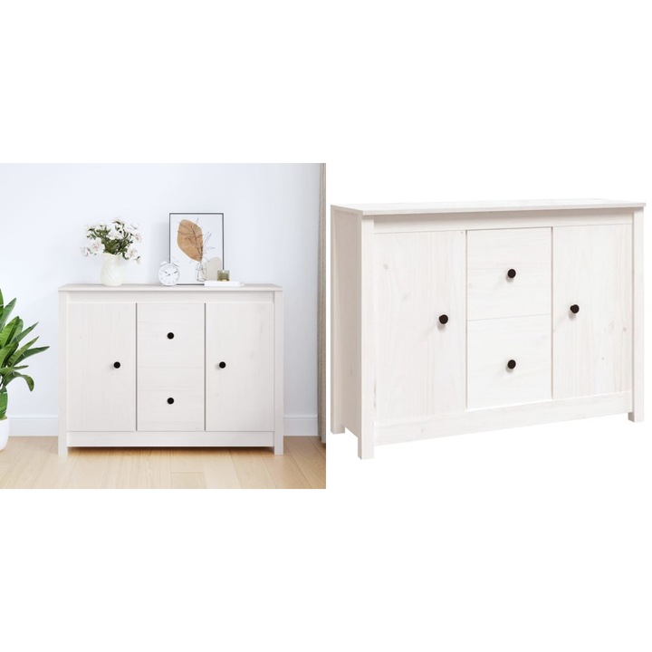 Servanta, alb, 100x35x74 cm, lemn masiv de pin