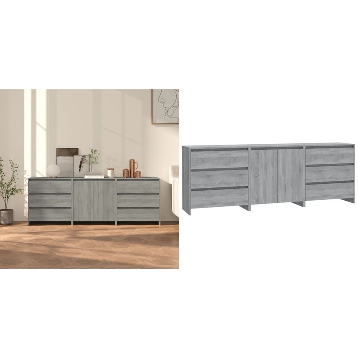 Servanta, 3 piese, sonoma gri, lemn prelucrat