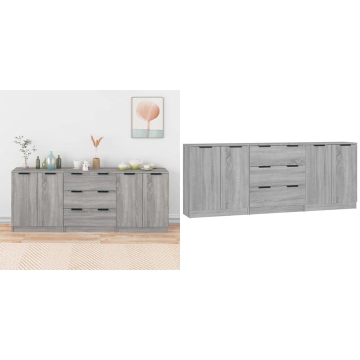 Servante, 3 piese, gri sonoma, lemn prelucrat