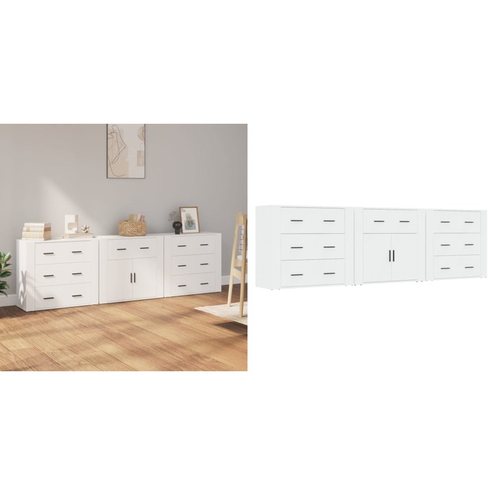 Servante, 3 piese, alb, lemn prelucrat