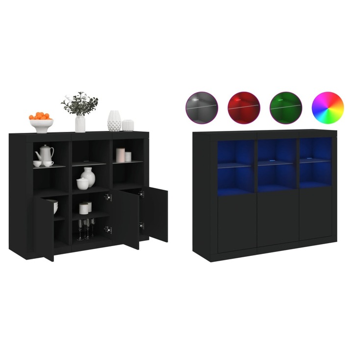 Servanta cu lumini LED, 3 buc., negru, lemn prelucrat