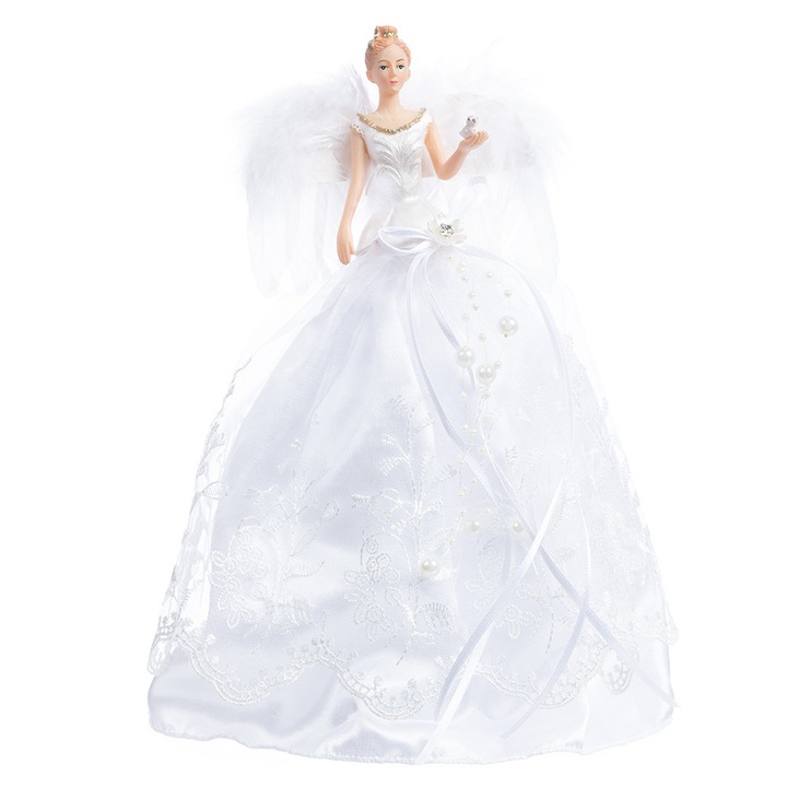 Decoratiune Craciun, Varf de brad Ingeras cu aripi naturale, alb, 25 cm