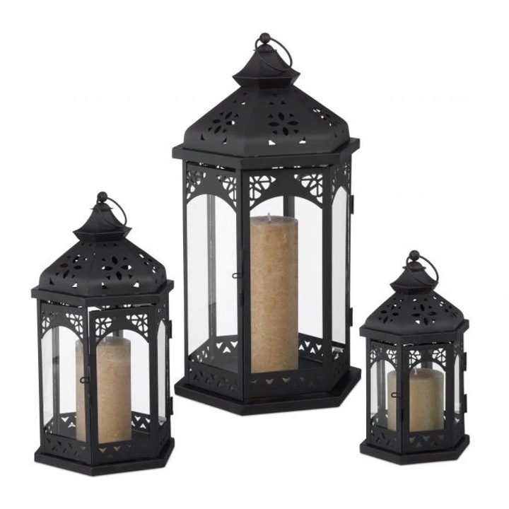 Set 3 buc. felinare metalice negre, stil oriental, 50x28x26cm