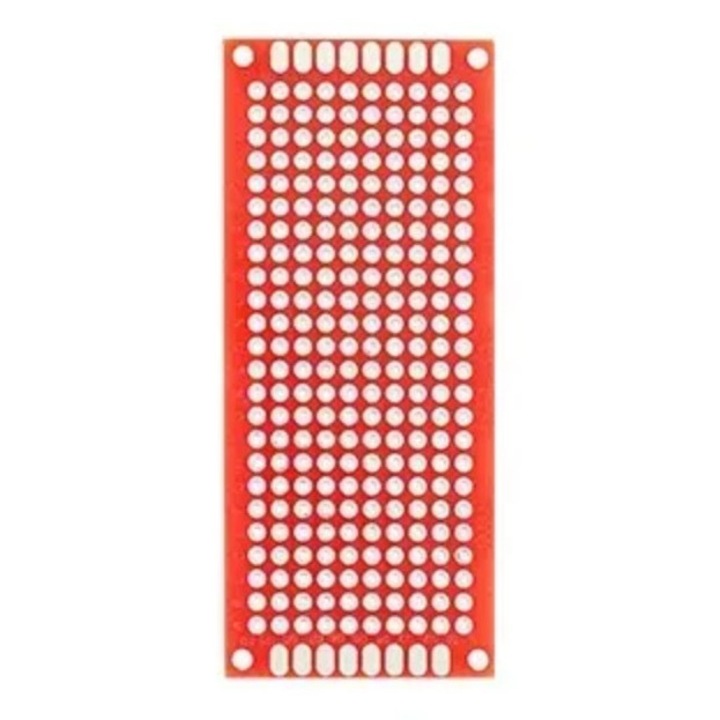 Név: Készlet 2x Univerzális PCB prototípus panel 3x7 cm kétoldalas piros, üvegszál, 2.54mm-es lábtávolság, THT forrasztás, DIY elektronika