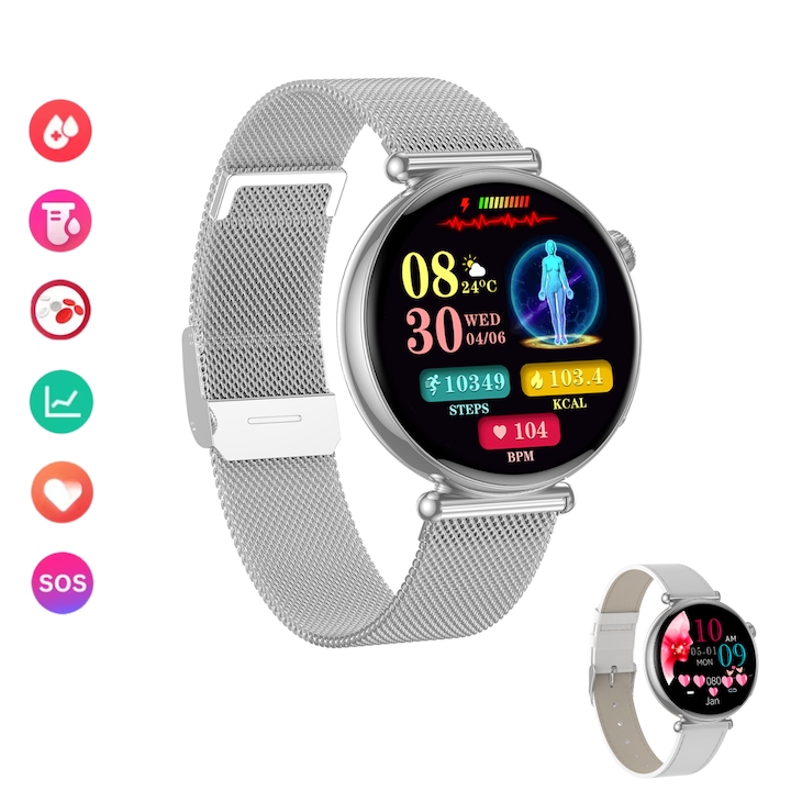Női okosóra, Lommad, fejlett érzékelőkkel EKG, vérnyomás, pulzus, oxigén, vércukorszint méréshez szúrás nélkül, testzsír index, húgysav, tudományos alvásfigyelés, Bluetooth hívás, SOS, 1.32 AMOLED érintőképernyő, ezüst + AJÁNDÉK fehér szíj