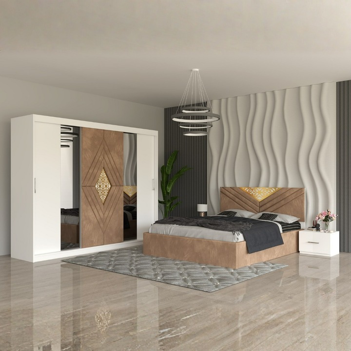 Set dormitor Cela, Imperial, Crem, pat 160x200cm, Dulap Lungime 250cm / Latime 60cm, Inaltime 200cm