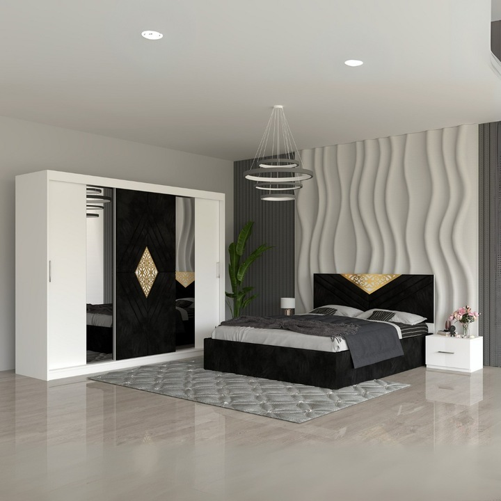 Set dormitor Cela, Imperial, negru, pat 160x200cm, Dulap Lungime 250cm / Latime 60cm, Inaltime 200cm