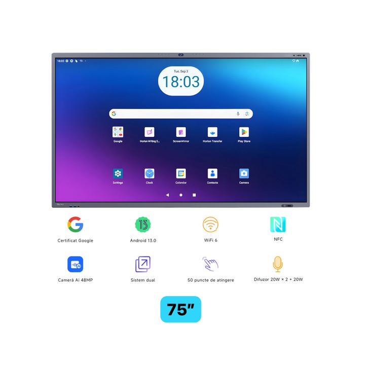 Ecran interactiv HORION 75M6APro, 75 inch, 8GB DDR4 + 128GB Standard, Android 13, A311D2, octa core
